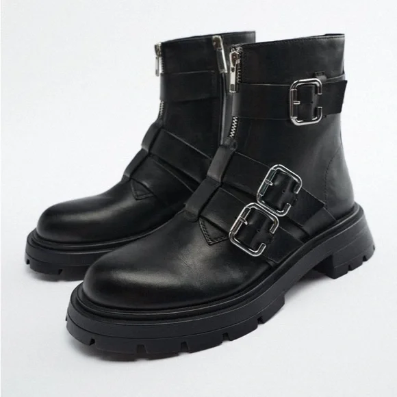 New $149 Zara Low Heel Leather Lug Sole Boots with Buckles Size 10 1109/910